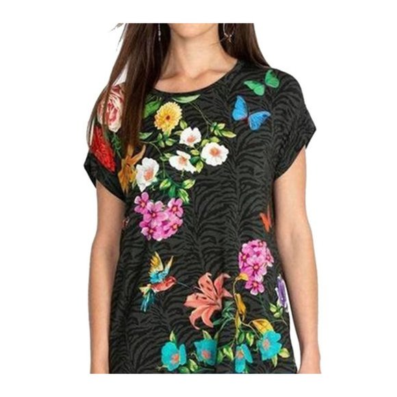 Johnny Was Black Floral Short Sleeve Tee - Picture 1 of 8